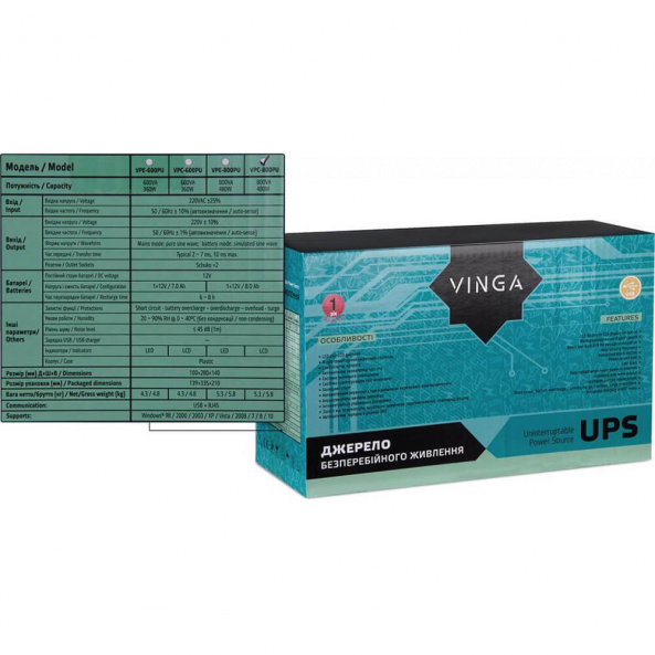 Джерело безперебійного живлення Vinga VPC-800PU 800ВА / 480 Вт з LCD-дисплеєм з USB у пластиковому корпусі - фото 10