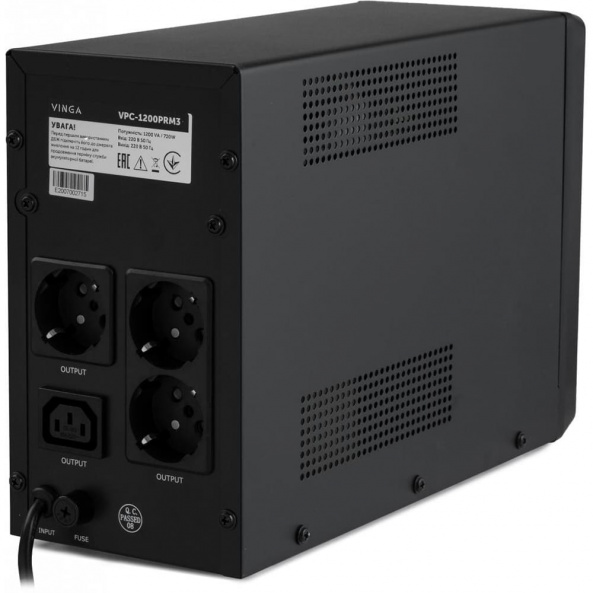 Джерело безперебійного живлення Vinga VPC-1200PRM3 1200ВА / 720 Вт з LED-дисплеєм у металевому корпусі - фото 4
