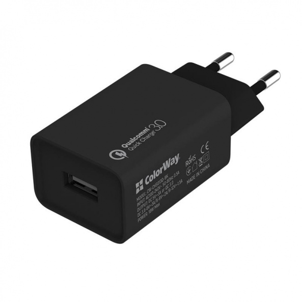Мережевий зарядний пристрій ColorWay (1USBx3A) QC3.0 Black (CW-CHS013Q-BK) - фото 1
