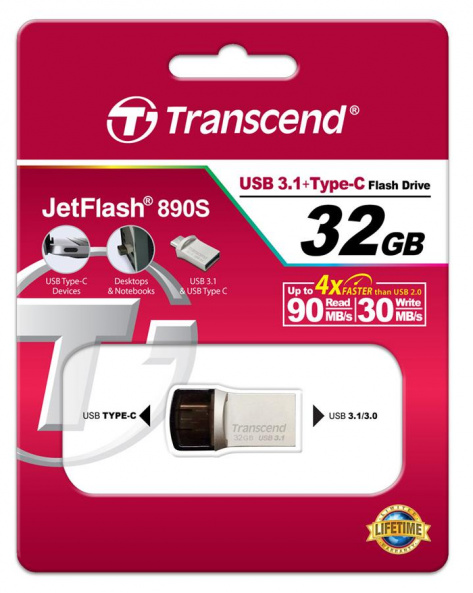 Накопитель Transcend 32GB USB 3.1+Type-C 890 R90/W30MB/s Metal Silver - фото 1