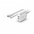 Мережевий ЗП Belkin Home Charger (24W) DUAL USB 2.4A, USB-C 1m, white